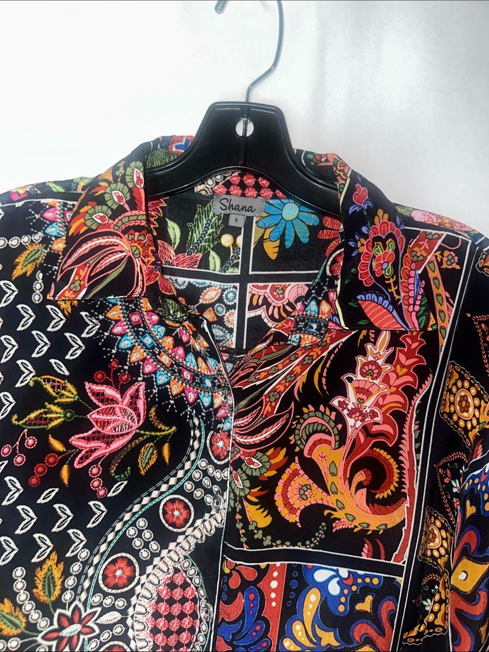 Shana Black Patchwork Paisley Button-Front Shirt with Bright Floral Accents - Picture 2 of 7
